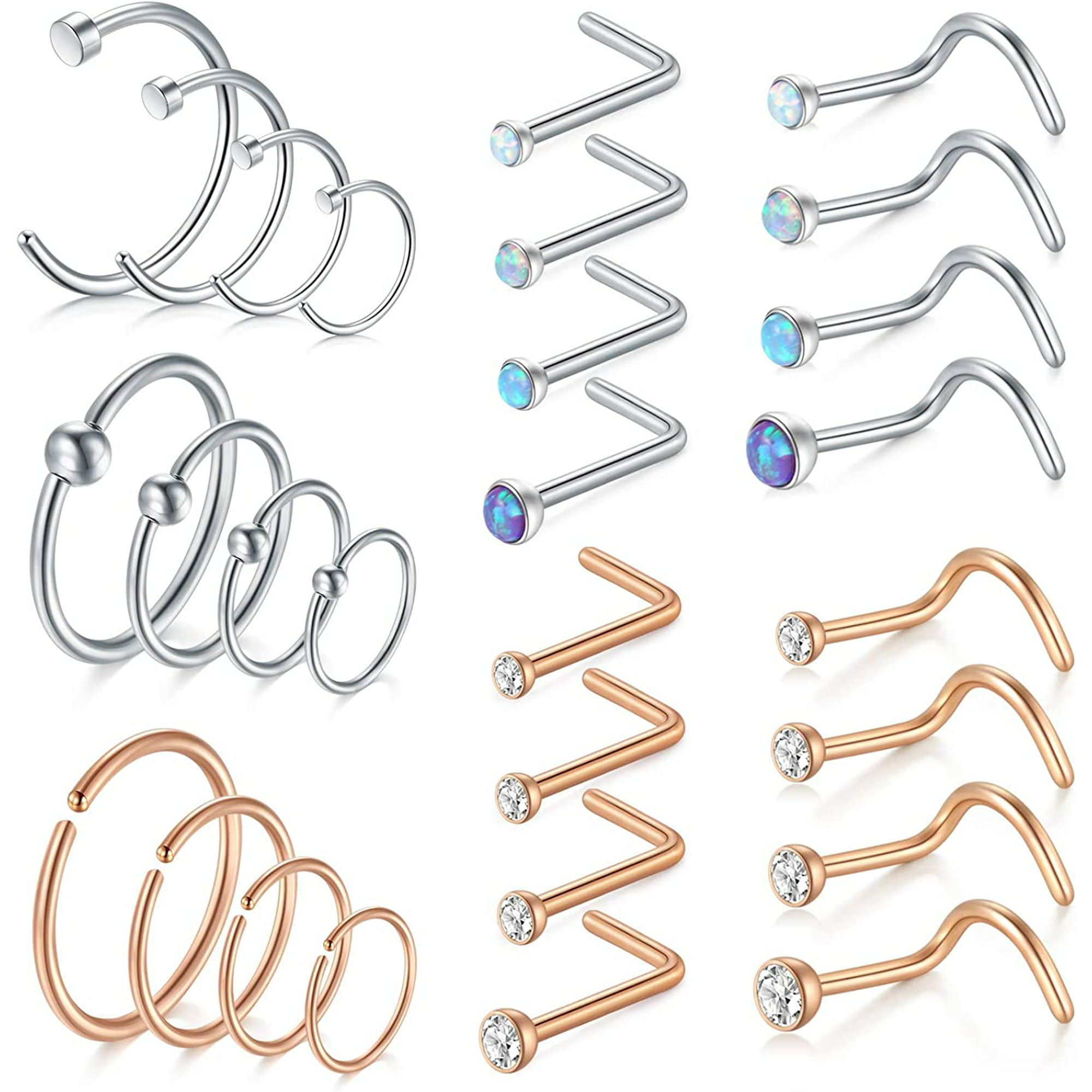 Longita Nose Rings Hoops 18g 20g Septum Ring L Shaped Nose Studs Screw Bone Surgical Stainless Steel C Shape Moon Double Hoop High Nostril Piercing Jewelry Pack Silver Rose Gold Black